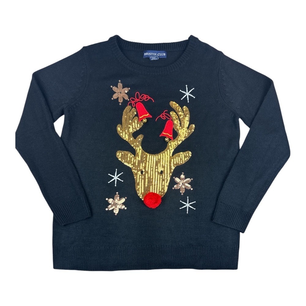 Bristol Club Womens Black Sequin Reindeer Holiday Christmas Sweater Large Bells